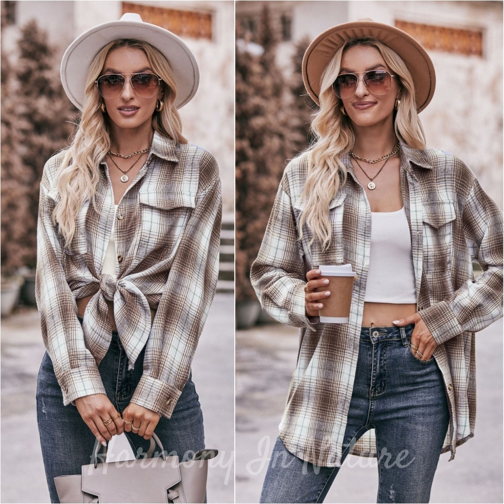Vivian Plaid Button-Down Shirt - Coffee